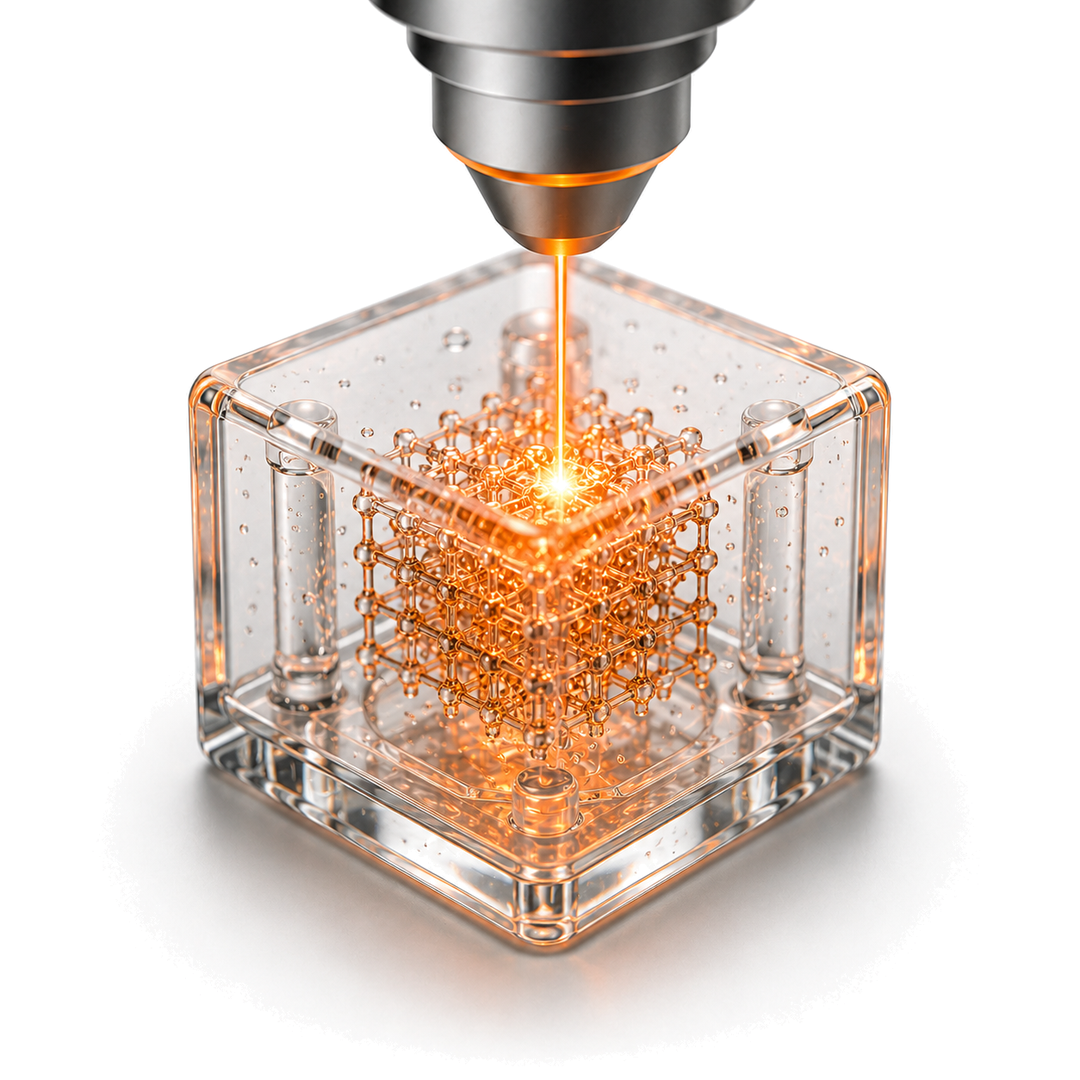 Micro-lattice written inside resin by a focused laser, two-photon polymerization (2PP) resin