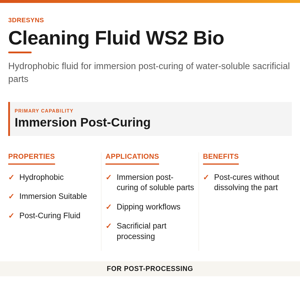 Cleaning Fluid WS2 Bio technical product information card by 3Dresyns