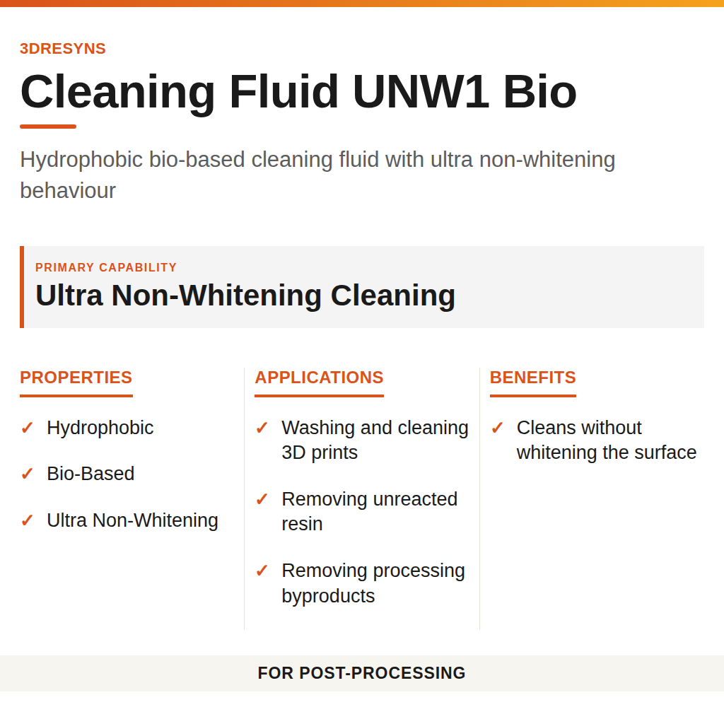 Cleaning Fluid UNW1 Bio technical product information card by 3Dresyns