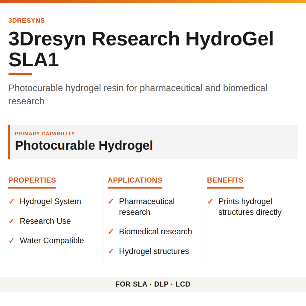 3Dresyn Research HydroGel SLA1 technical product information card by 3Dresyns