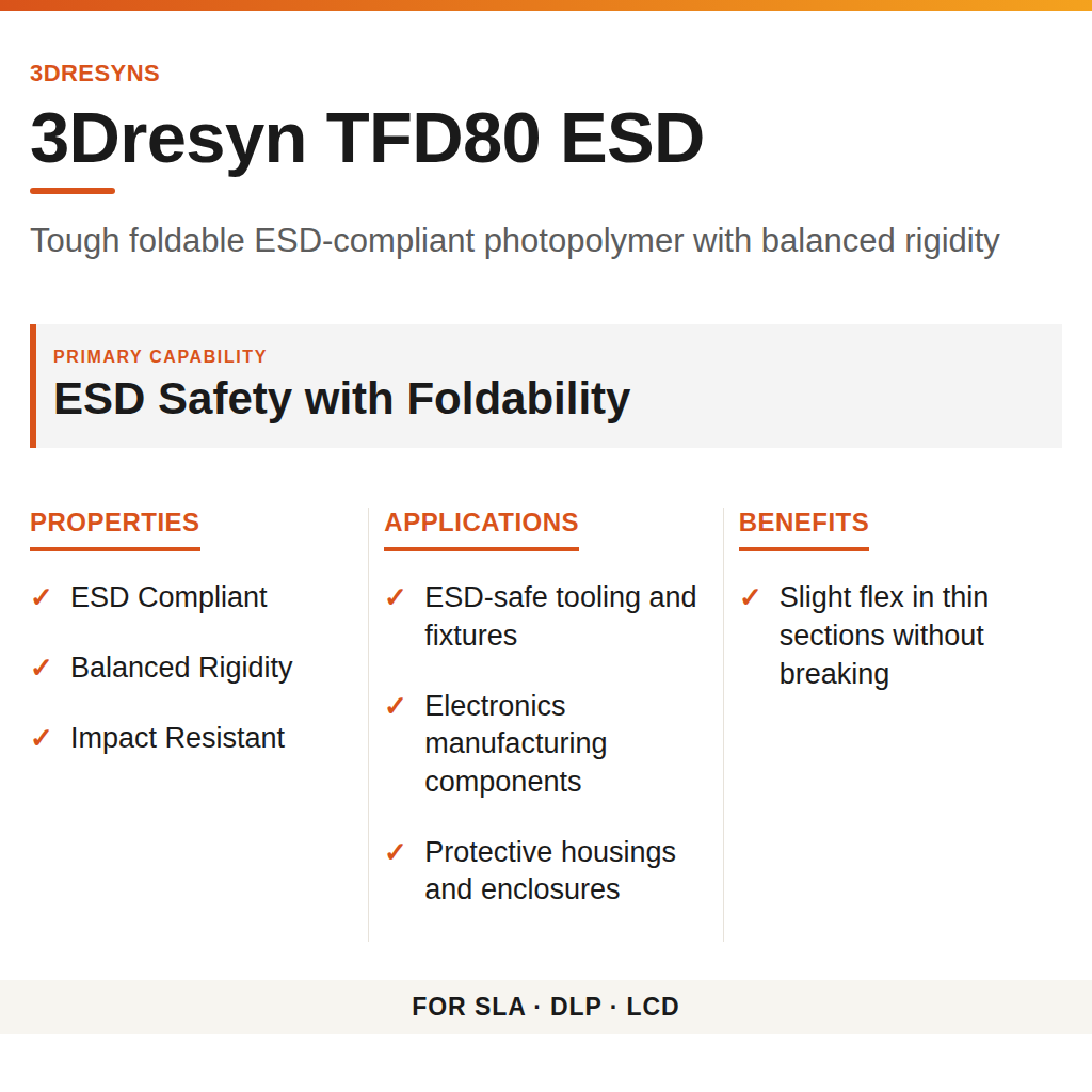 3Dresyn TFD80 ESD technical product information card by 3Dresyns