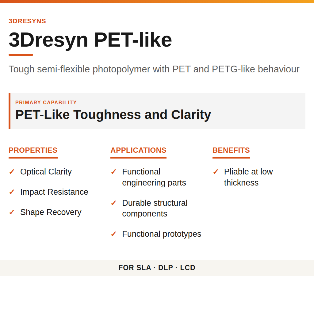 3Dresyn PET-like technical product information card by 3Dresyns