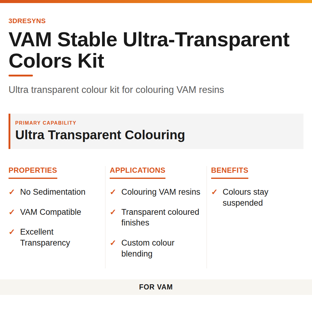 VAM Stable Ultra-Transparent Colors Kit technical product information card by 3Dresyns