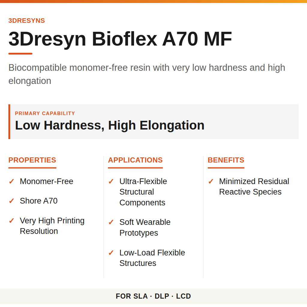 3Dresyn Bioflex A70 MF technical product information card by 3Dresyns