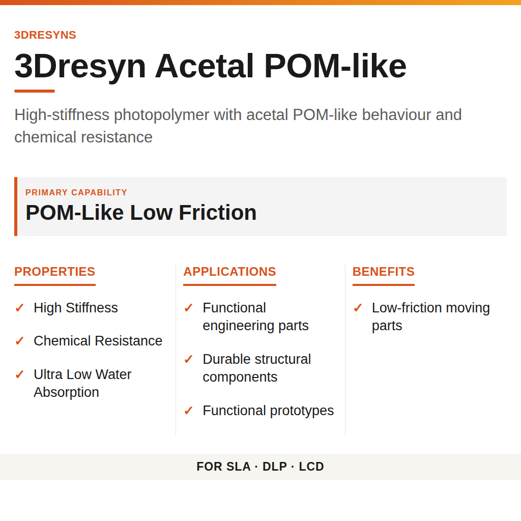 3Dresyn Acetal POM-like technical product information card by 3Dresyns