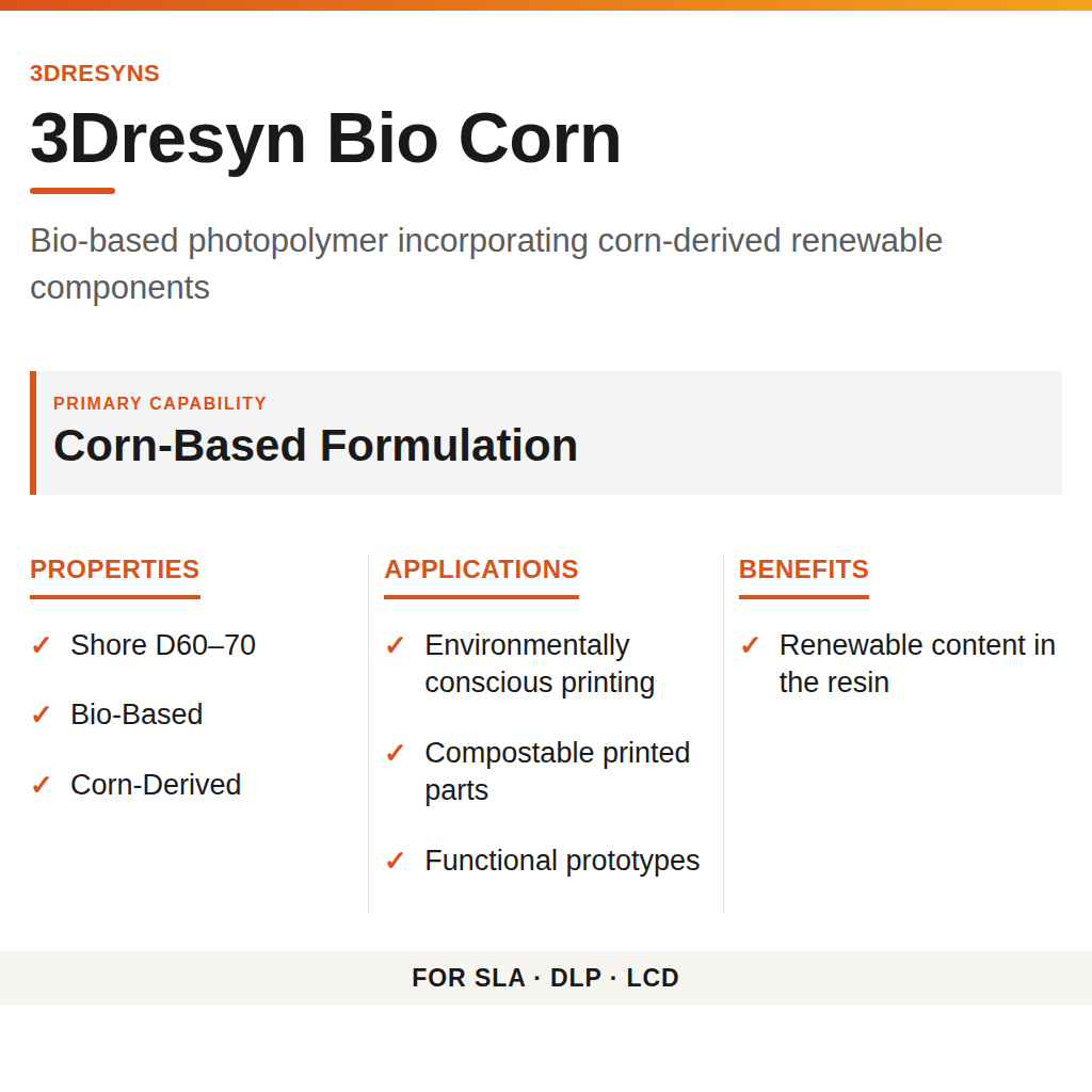 3Dresyn Bio Corn technical product information card by 3Dresyns