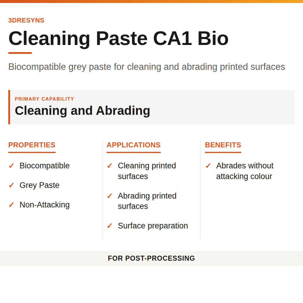 Cleaning Paste CA1 Bio technical product information card by 3Dresyns