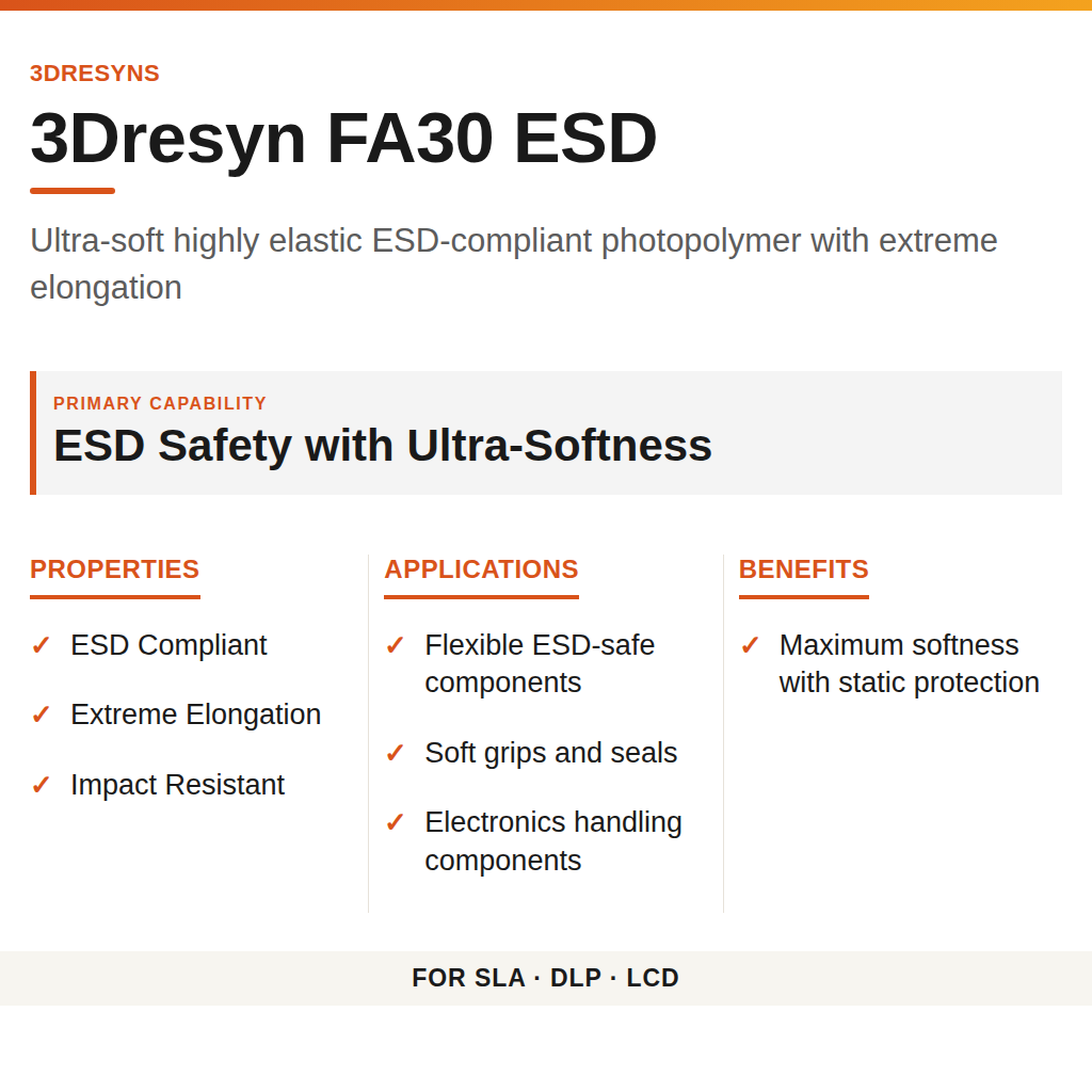 3Dresyn FA30 ESD technical product information card by 3Dresyns