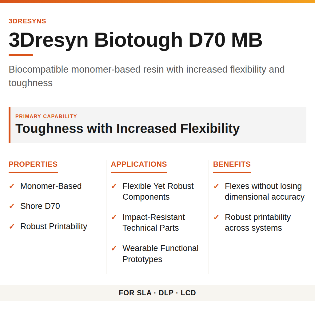 3Dresyn Biotough D70 MB technical product information card by 3Dresyns