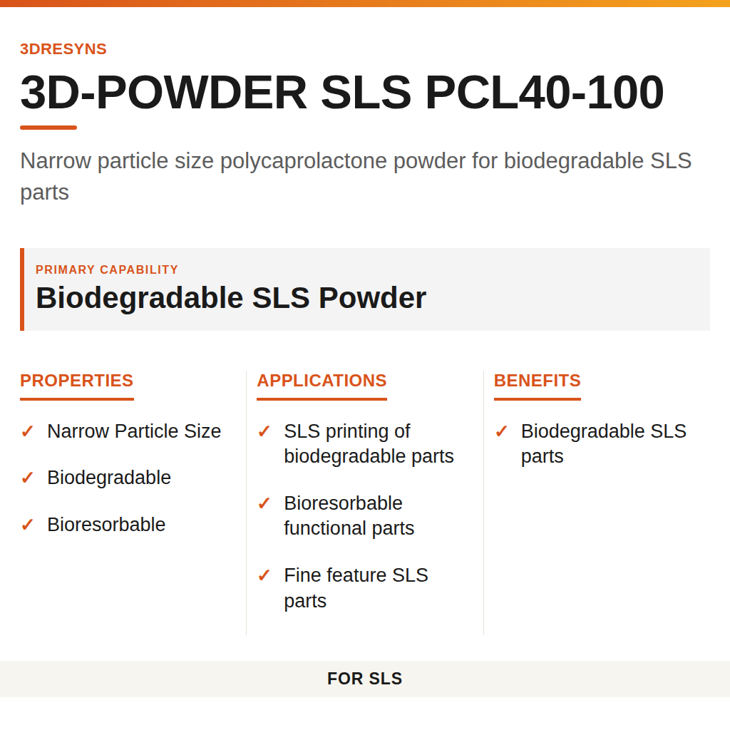 3D-POWDER SLS PCL40-100 technical product information card by 3Dresyns