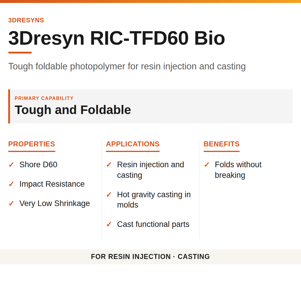 3Dresyn RIC-TFD60 Bio technical product information card by 3Dresyns