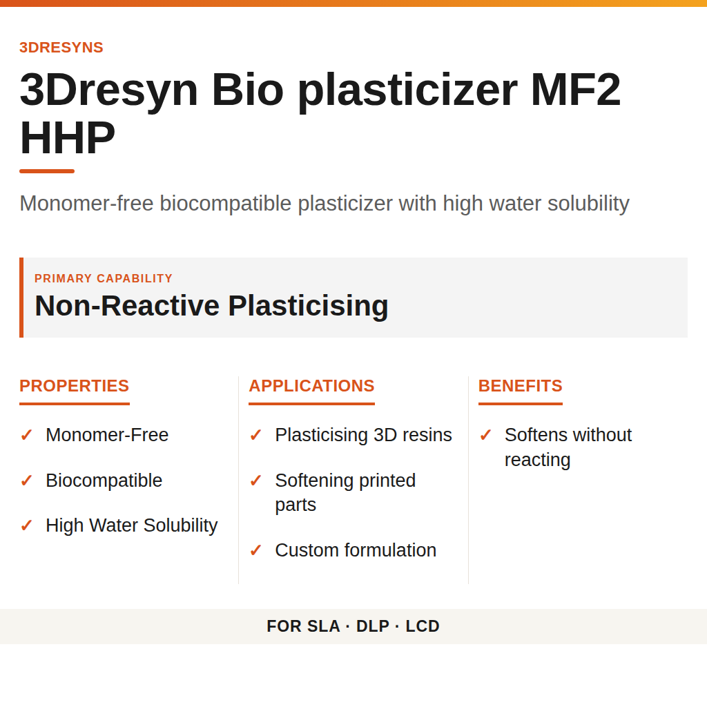 3Dresyn Bio plasticizer MF2 HHP technical product information card by 3Dresyns
