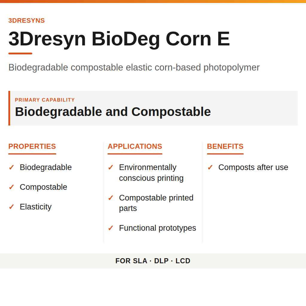 3Dresyn BioDeg Corn E technical product information card by 3Dresyns
