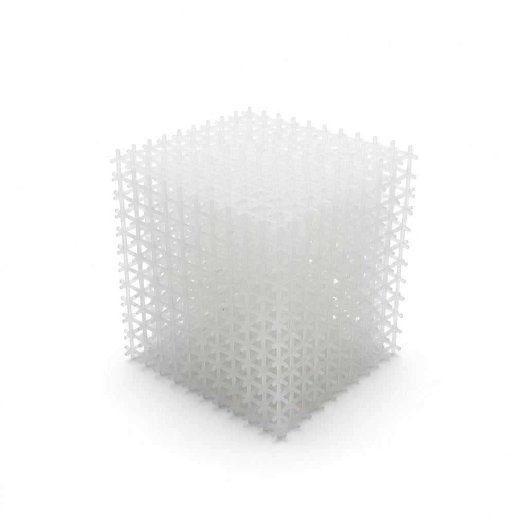A white plastic biofilm reactor media cube with a cross-shaped grid structure, resting on a wooden surface.