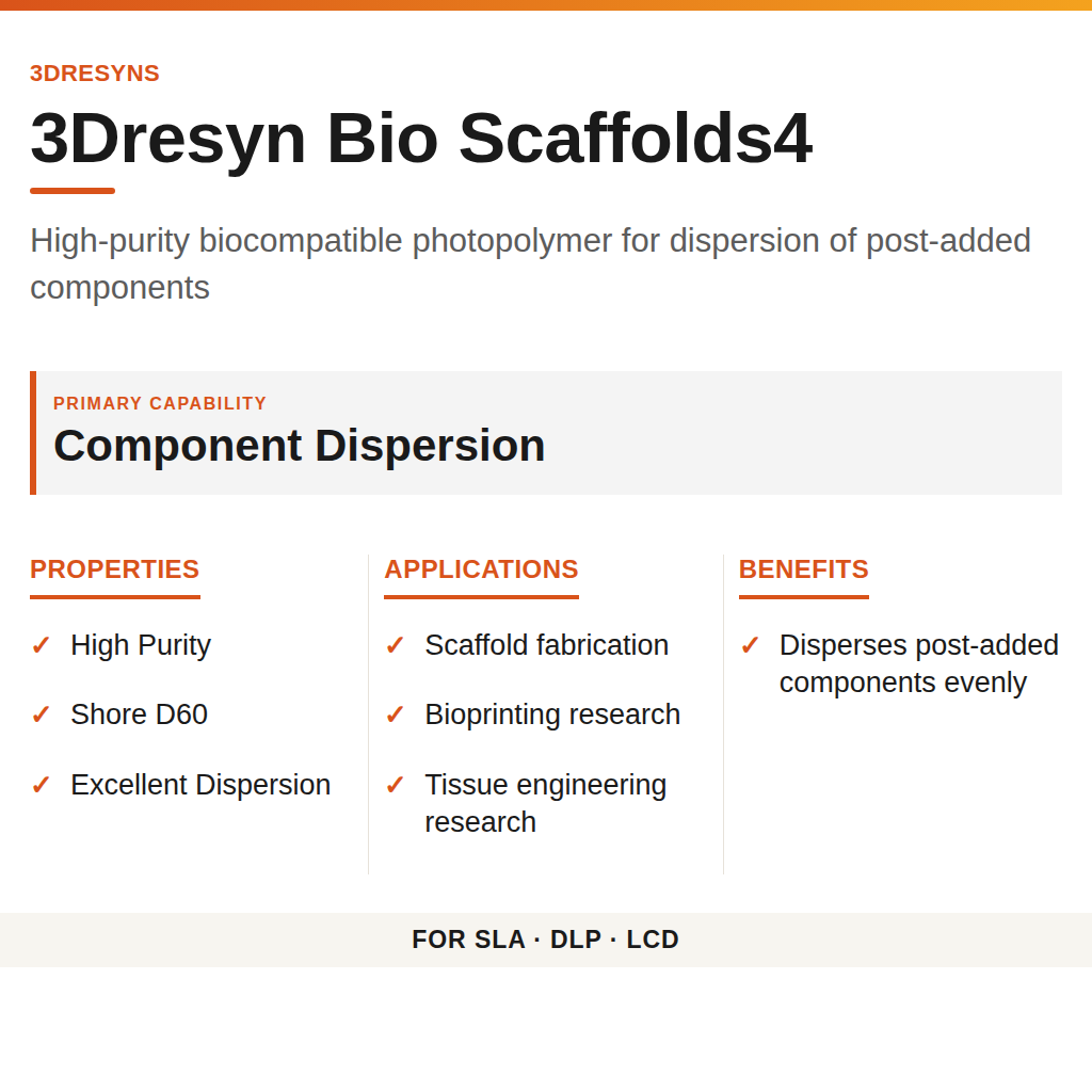 3Dresyn Bio Scaffolds4 technical product information card by 3Dresyns