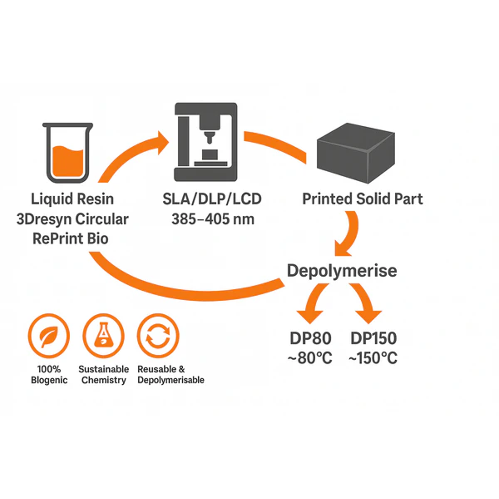 3Dresyn Circular RePrint Bio, Depolymerisable Circular 3D resin triggered at 80 or 150ºC