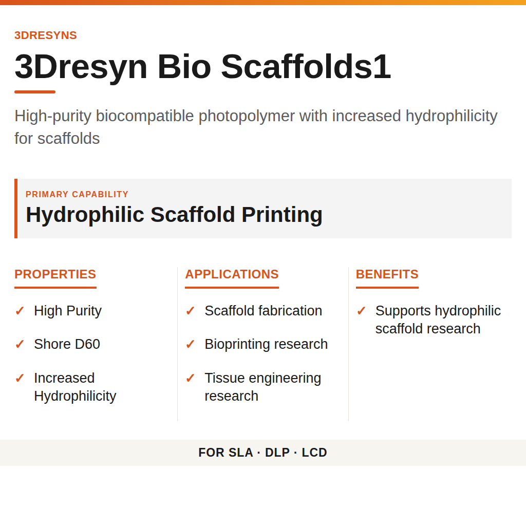 3Dresyn Bio Scaffolds1 technical product information card by 3Dresyns