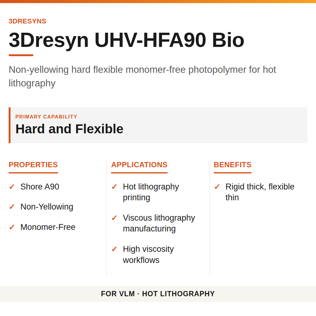 3Dresyn UHV-HFA90 Bio technical product information card by 3Dresyns