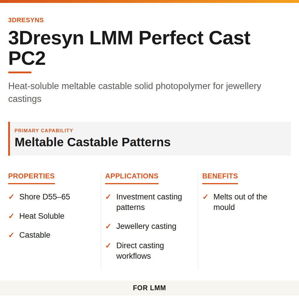 3Dresyn LMM Perfect Cast PC2 technical product information card by 3Dresyns