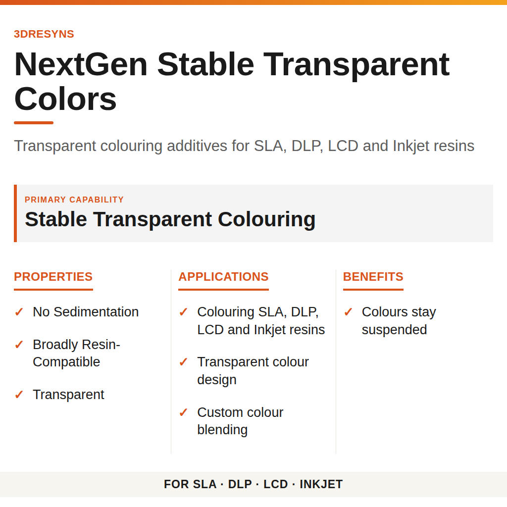 NextGen Stable Transparent Colors technical product information card by 3Dresyns