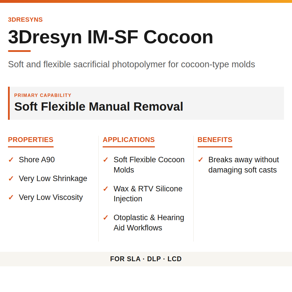 3Dresyn IM-SF Cocoon technical product information card by 3Dresyns