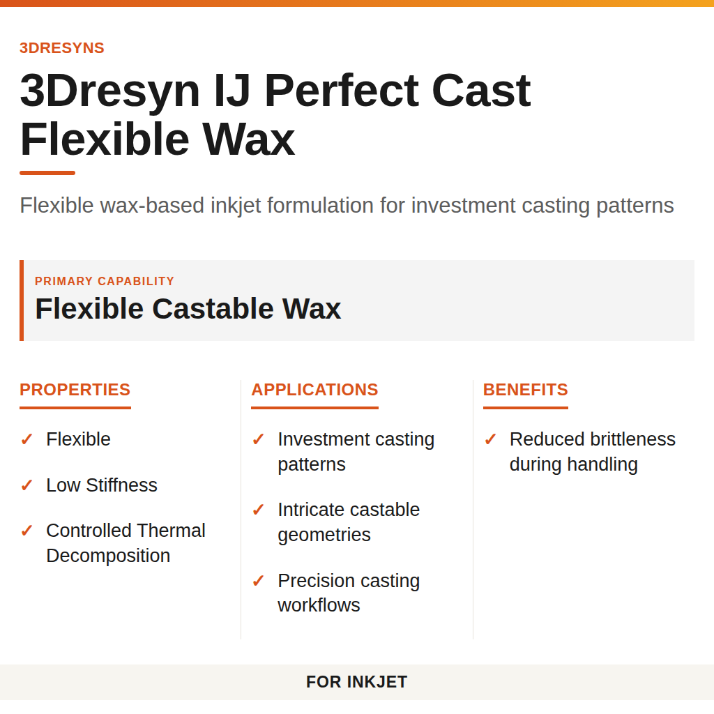 3Dresyn IJ Perfect Cast Flexible Wax technical product information card by 3Dresyns