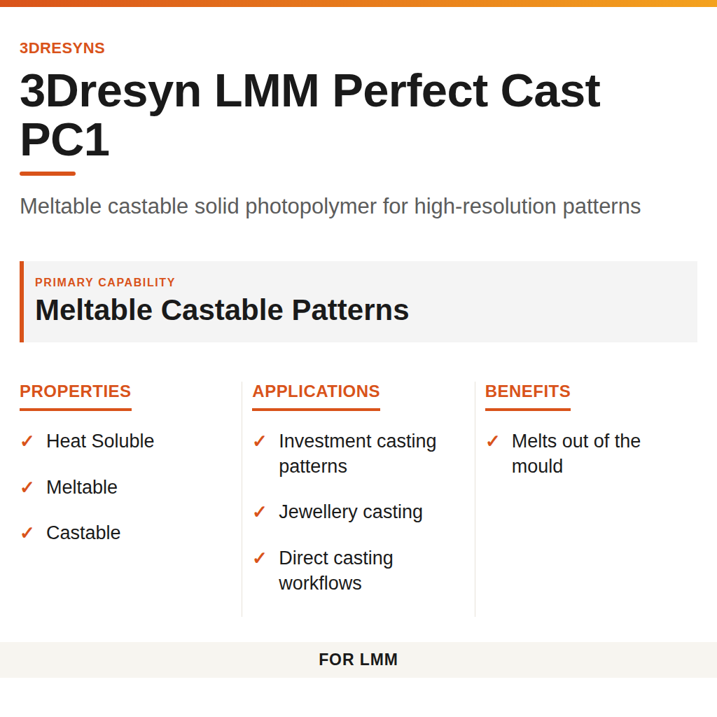 3Dresyn LMM Perfect Cast PC1 technical product information card by 3Dresyns