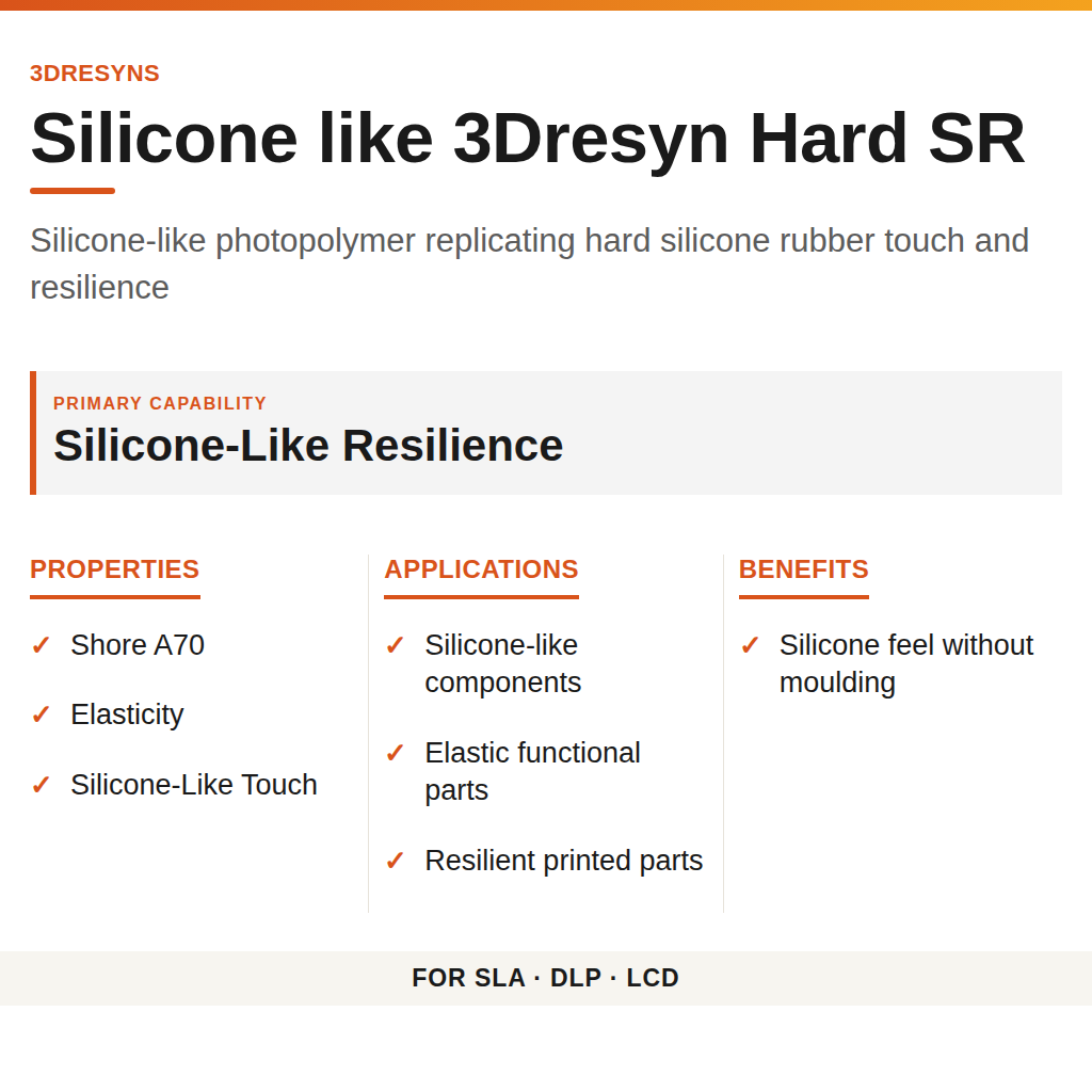Silicone like 3Dresyn Hard SR technical product information card by 3Dresyns