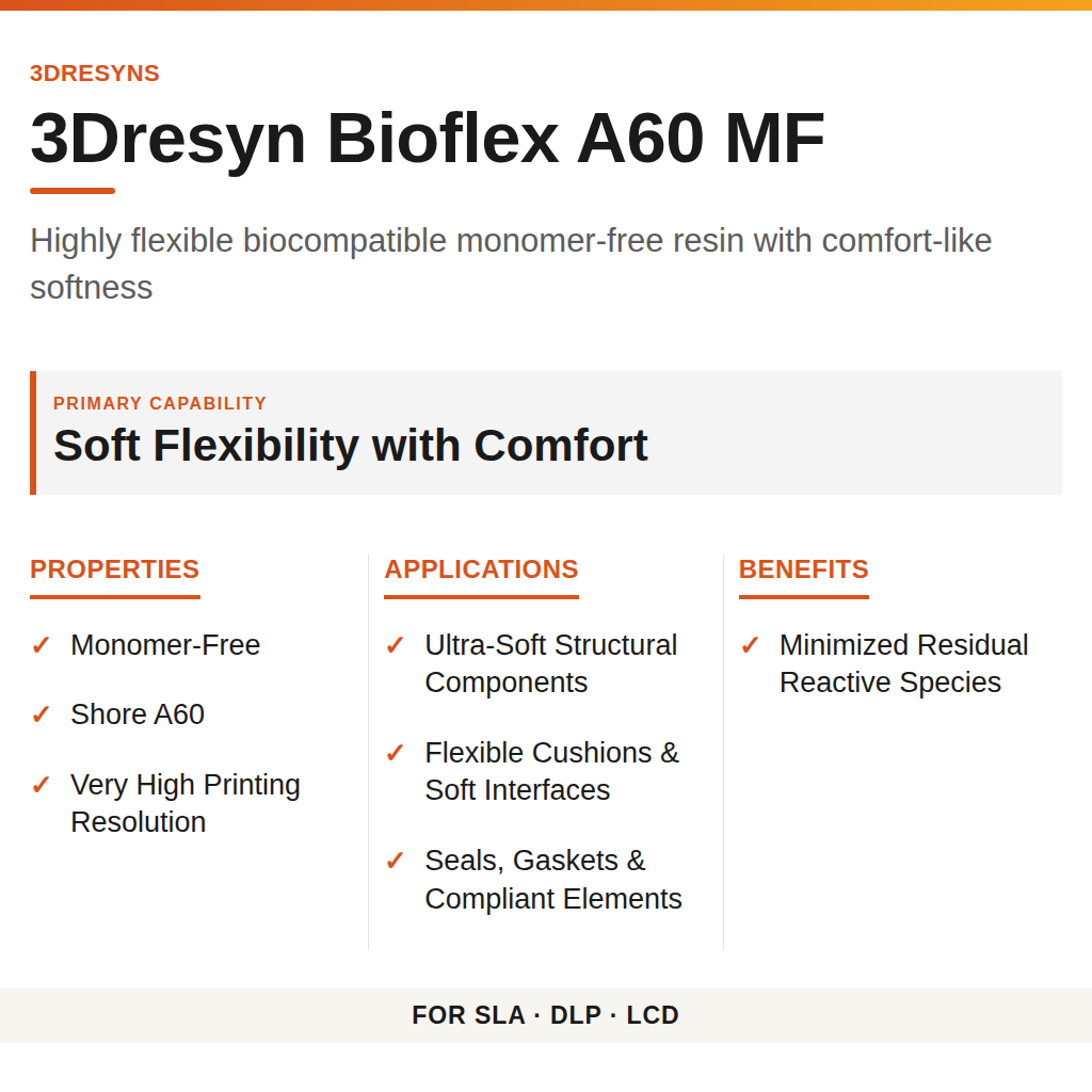 3Dresyn Bioflex A60 MF technical product information card by 3Dresyns