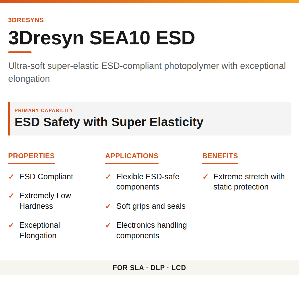 3Dresyn SEA10 ESD technical product information card by 3Dresyns