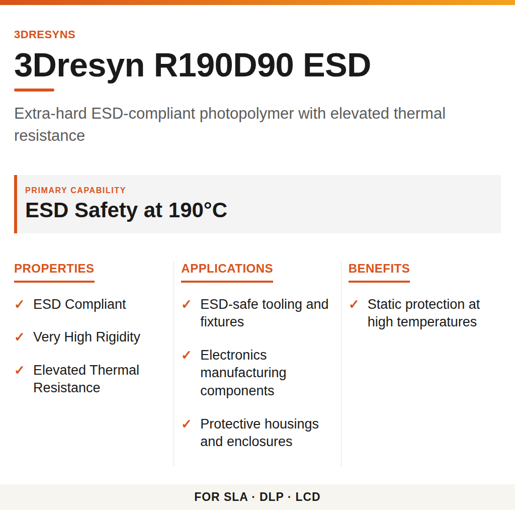 3Dresyn R190D90 ESD technical product information card by 3Dresyns