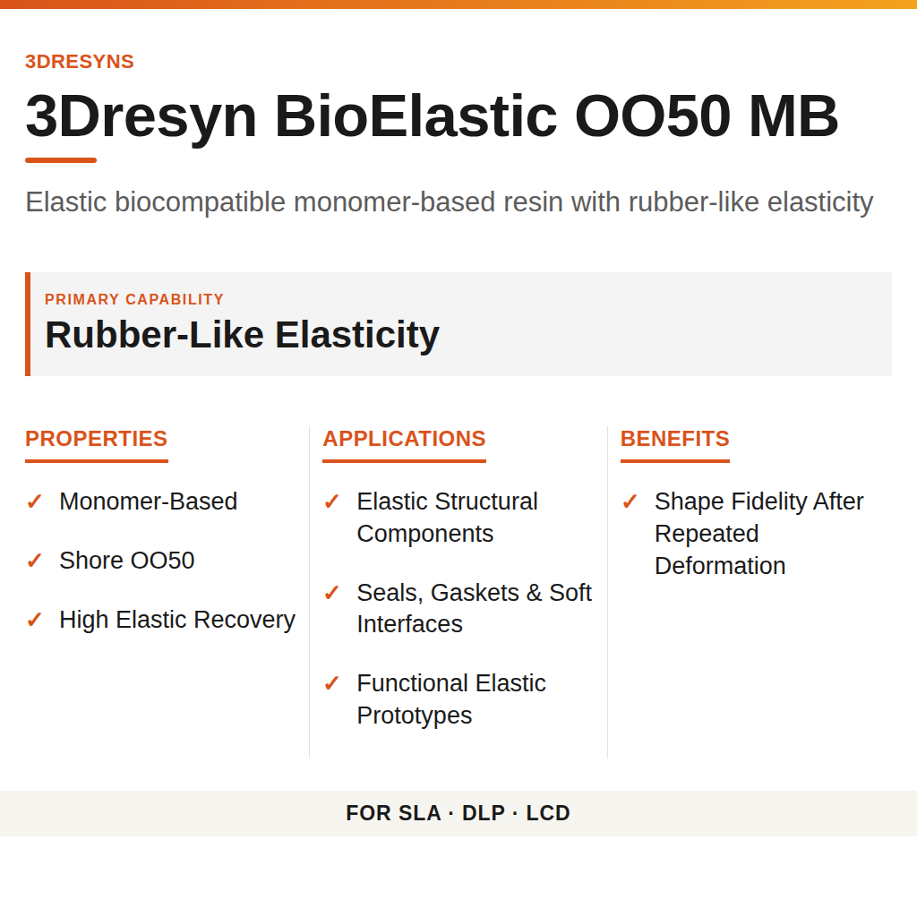 3Dresyn BioElastic OO50 MB technical product information card by 3Dresyns