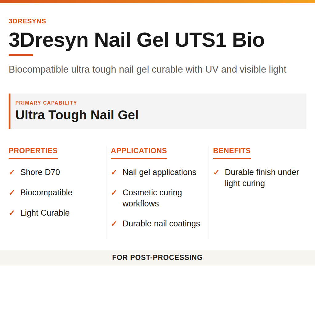 3Dresyn Nail Gel UTS1 Bio technical product information card by 3Dresyns