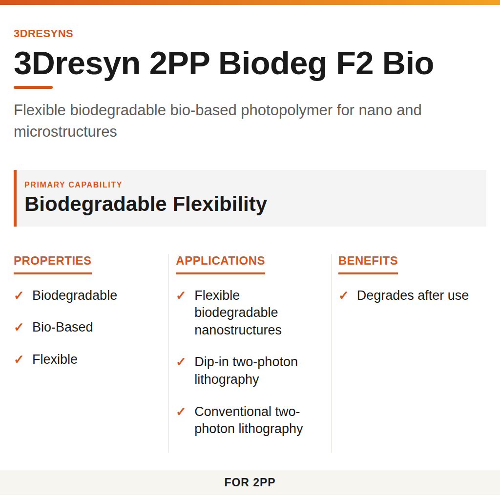 3Dresyn 2PP Biodeg F2 Bio technical product information card by 3Dresyns