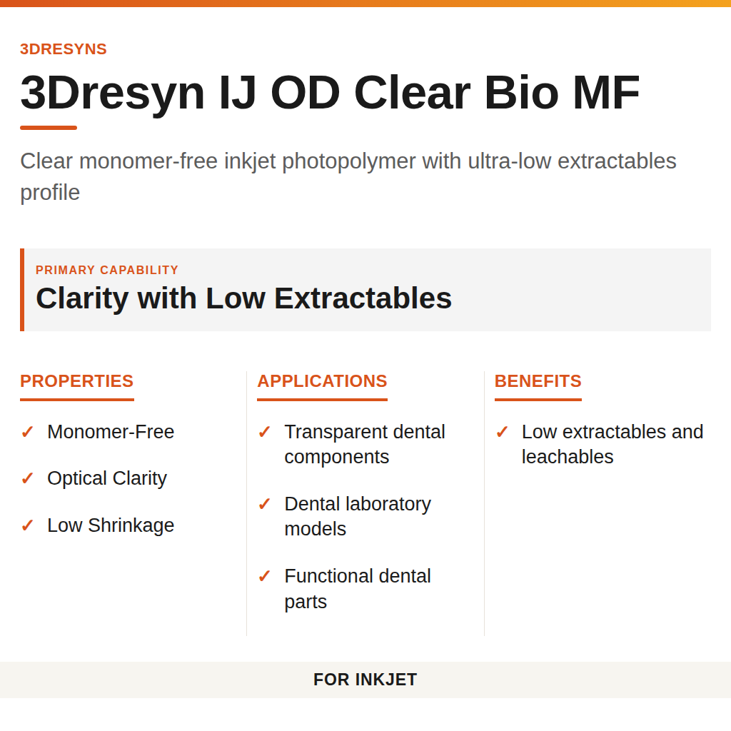 3Dresyn IJ OD Clear Bio MF technical product information card by 3Dresyns