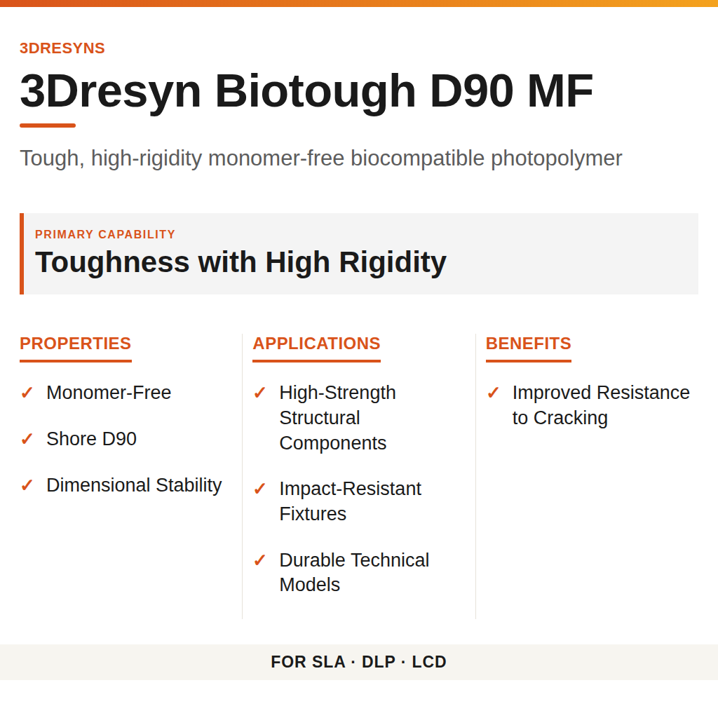 3Dresyn Biotough D90 MF technical product information card by 3Dresyns