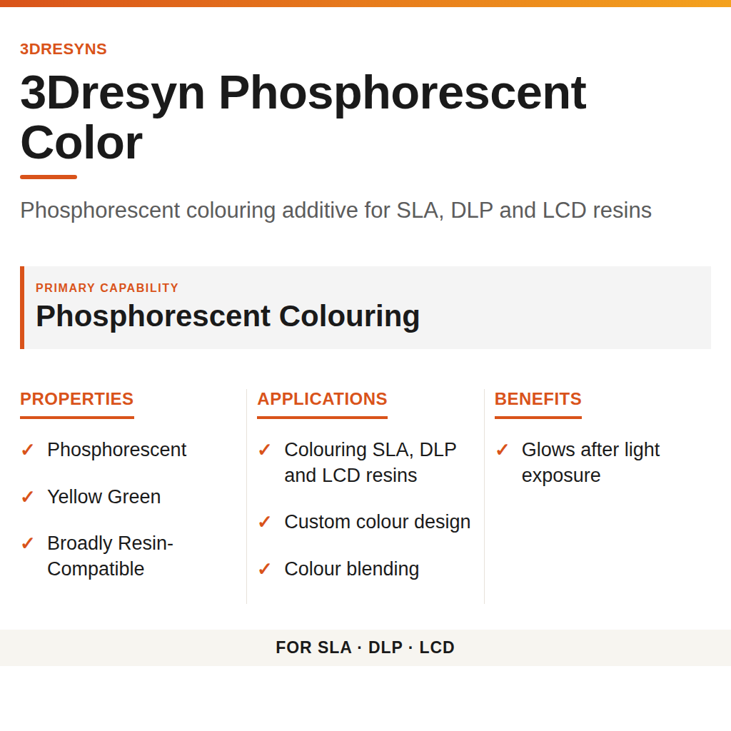 3Dresyn Phosphorescent Color technical product information card by 3Dresyns