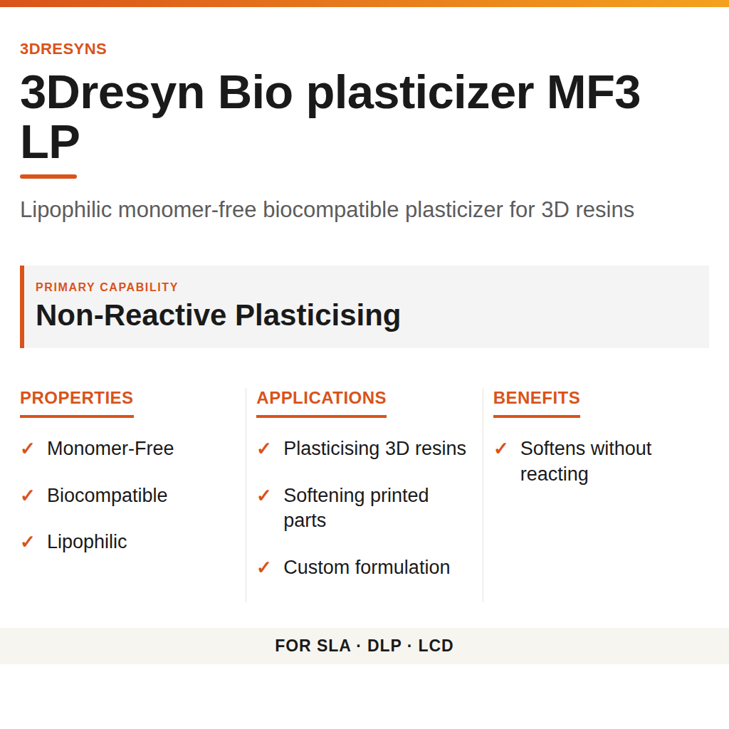 3Dresyn Bio plasticizer MF3 LP technical product information card by 3Dresyns