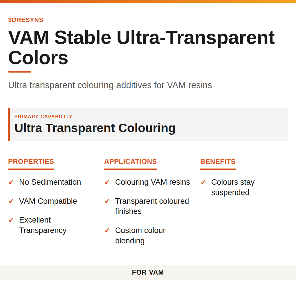 VAM Stable Ultra-Transparent Colors technical product information card by 3Dresyns