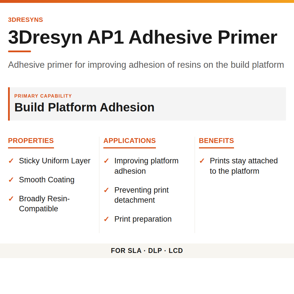 3Dresyn AP1 Adhesive Primer technical product information card by 3Dresyns