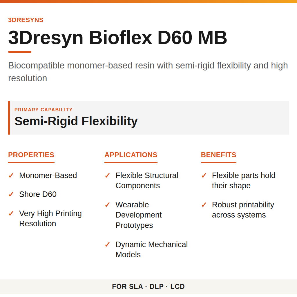 3Dresyn Bioflex D60 MB technical product information card by 3Dresyns