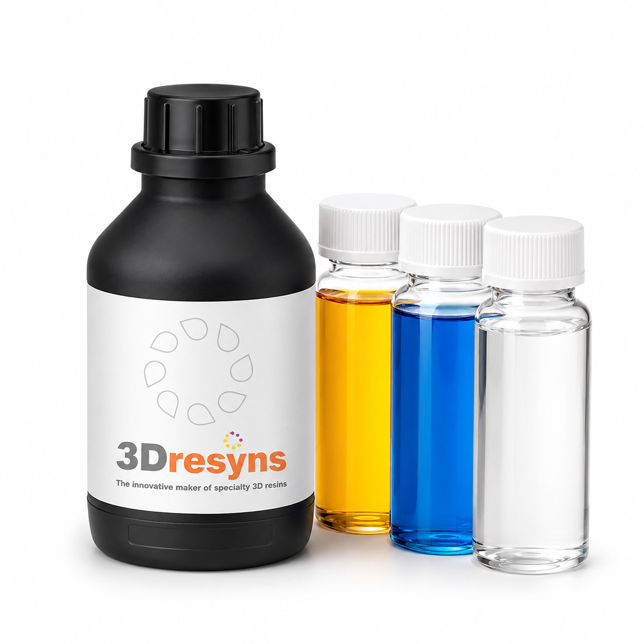 Black bottle labeled '3Dresyns' with three smaller bottles of different colors on a white background