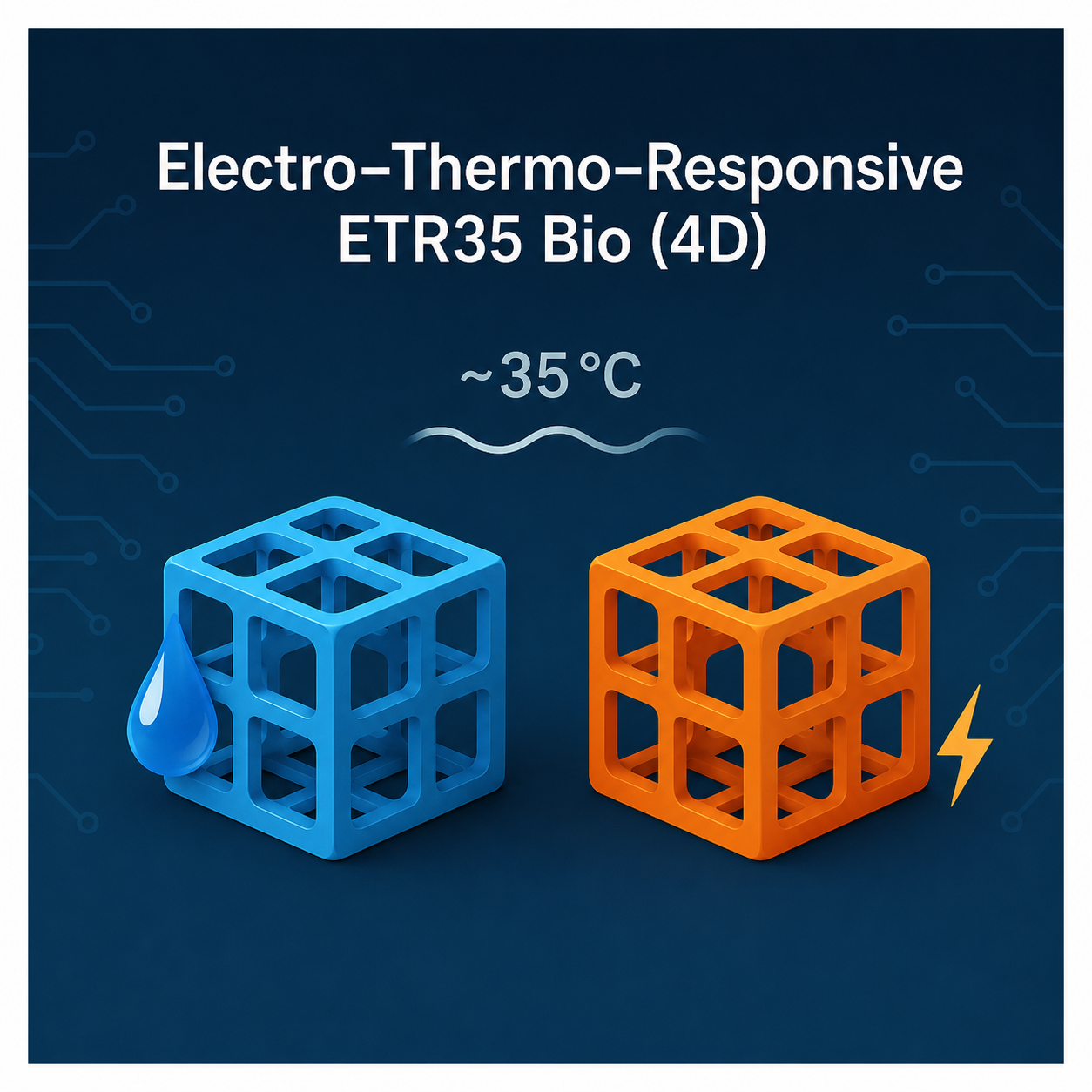 A dark blue promotional graphic for ETR35 Bio (4D) with white text at the top, showing two 3D cube structures below: one blue with a water droplet and one orange with a lightning bolt, plus '~35°C' text in the center.