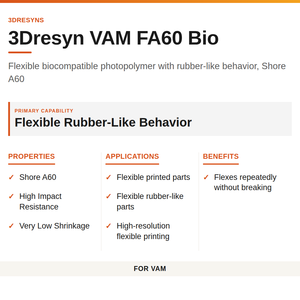 3Dresyn VAM FA60 Bio technical product information card by 3Dresyns