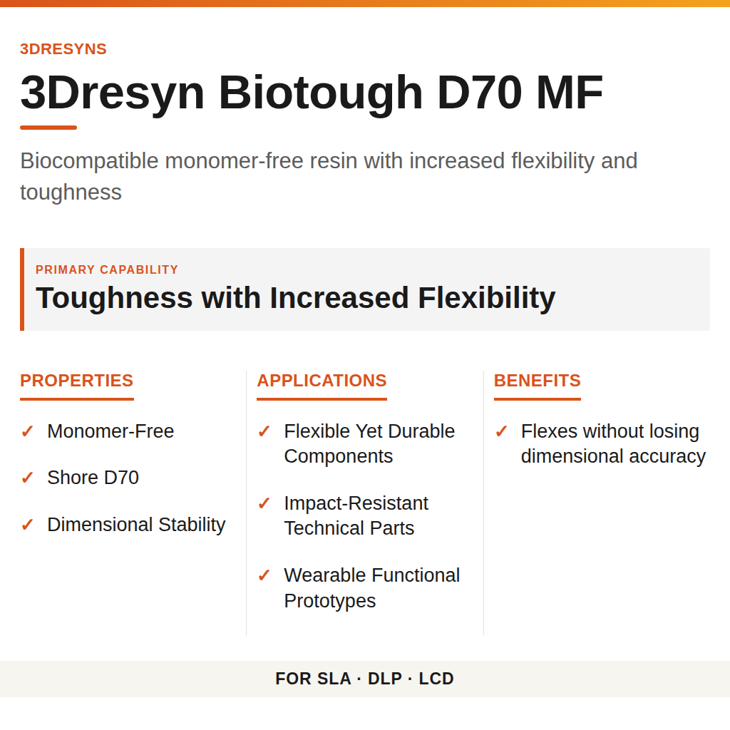 3Dresyn Biotough D70 MF technical product information card by 3Dresyns