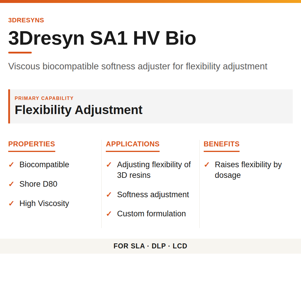 3Dresyn SA1 HV Bio technical product information card by 3Dresyns