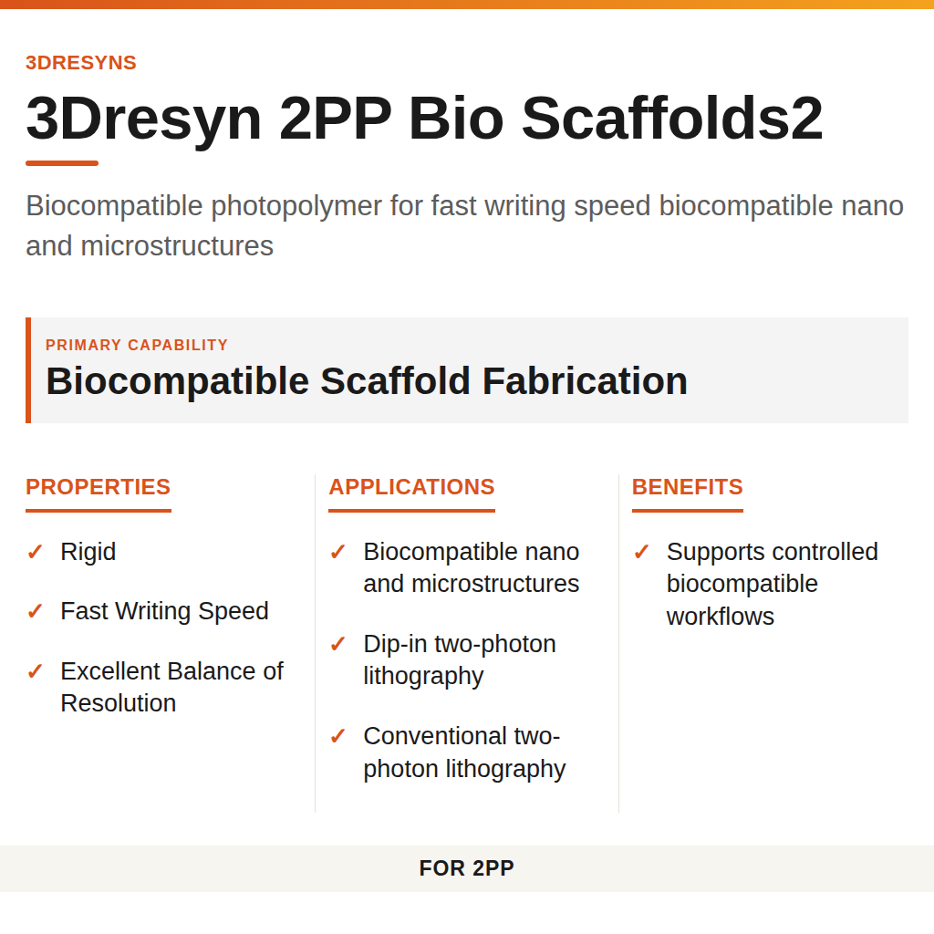 3Dresyn 2PP Bio Scaffolds2 technical product information card by 3Dresyns