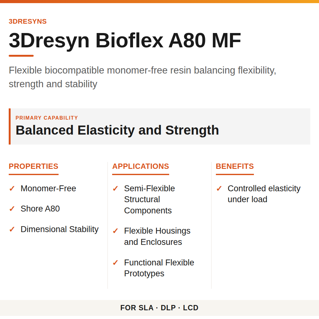 3Dresyn Bioflex A80 MF technical product information card by 3Dresyns