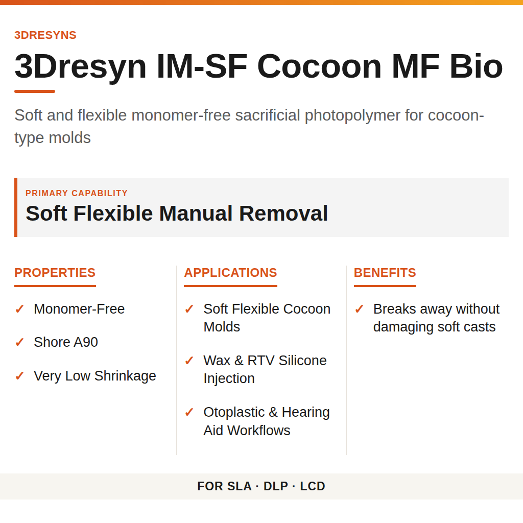 3Dresyn IM-SF Cocoon MF Bio technical product information card by 3Dresyns