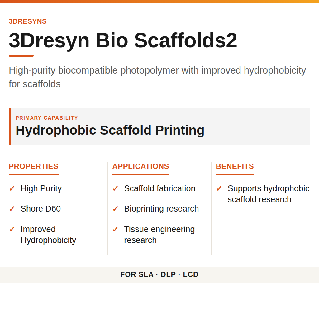 3Dresyn Bio Scaffolds2 technical product information card by 3Dresyns